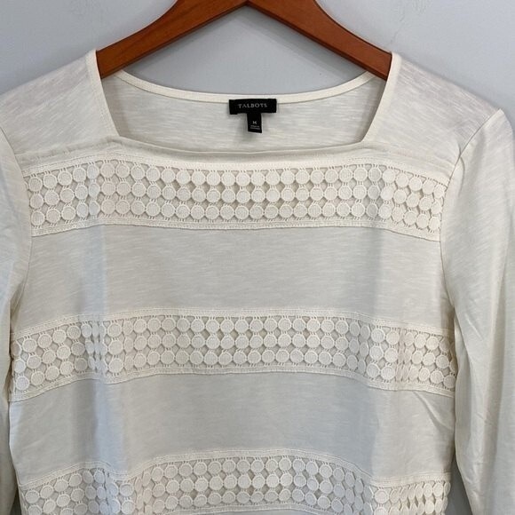 Talbots New! Embroidered Cotton Square Neck Top Long Sleeve Modal Cotton Stretch - Picture 6 of 16